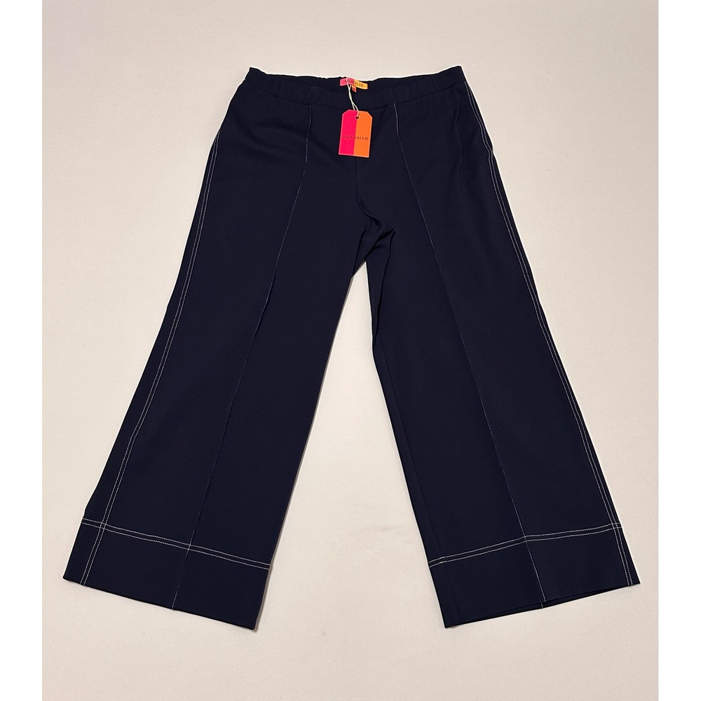 Vilagallo Bettina Navy Blue Contrast Stitch Wide Leg Cropped Pants Size 46 NEW